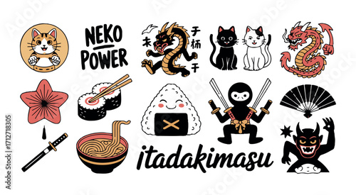 Japanese Culture Icons and Food Collection vector illustration
