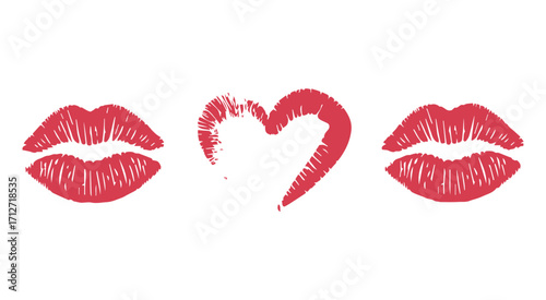 Red lipstick kiss prints and a heart shape on a white background