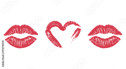 Red lipstick kiss prints and a heart shape on a white background