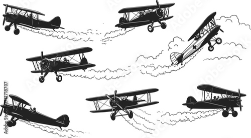 Vintage Biplane Aircraft Silhouette Vector Set with Smoke Trails – Classic Retro Airplanes Performing Aerial Acrobatics and Flying Maneuvers in Black and White