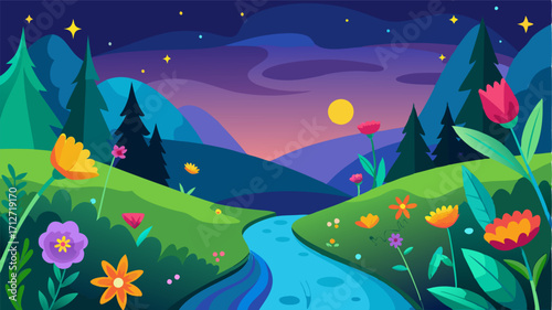 A scene straight out of a fairytale with brightlyhued wildflowers adding a touch of magic to the riverbank.