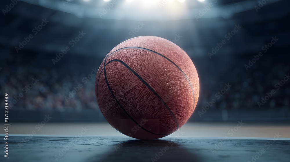 Obraz premium Close-up basketball in stadium spotlight