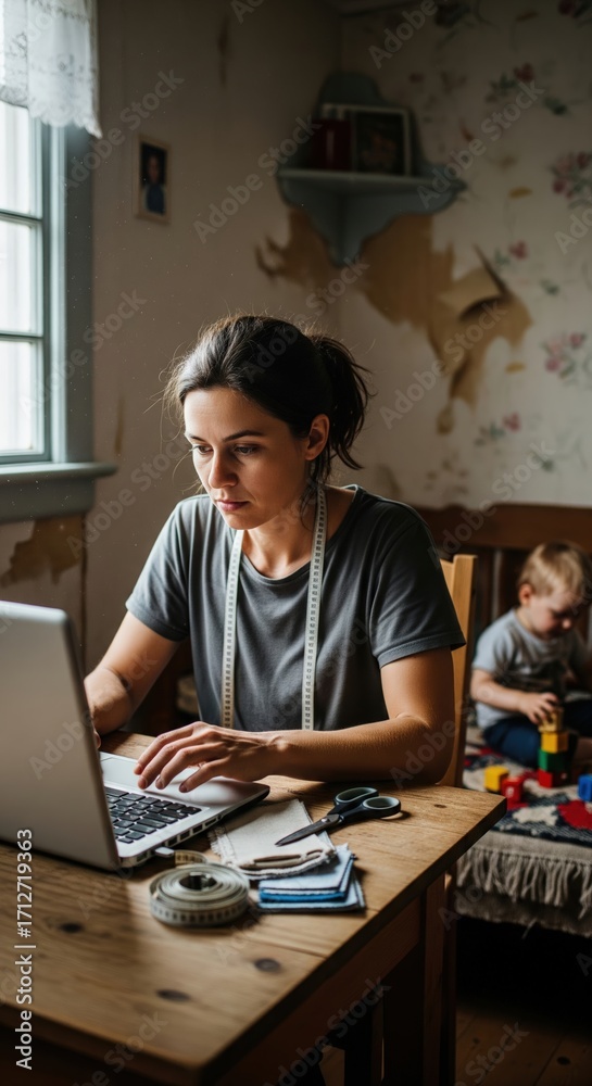 Fototapeta premium Busy mother works on laptop while her child plays with toys in a cozy, disordered room