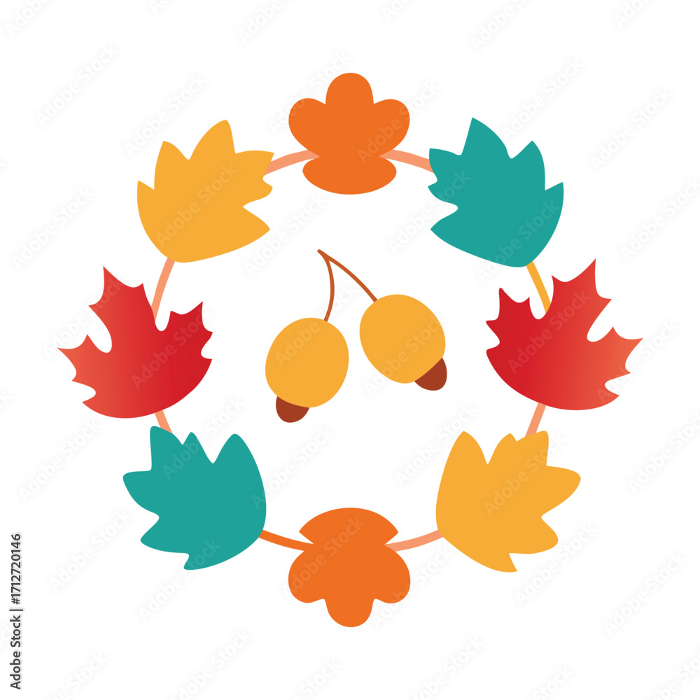 Obraz premium Colorful Autumn Wreath with Acorns Maple Leaves and Berries Vector