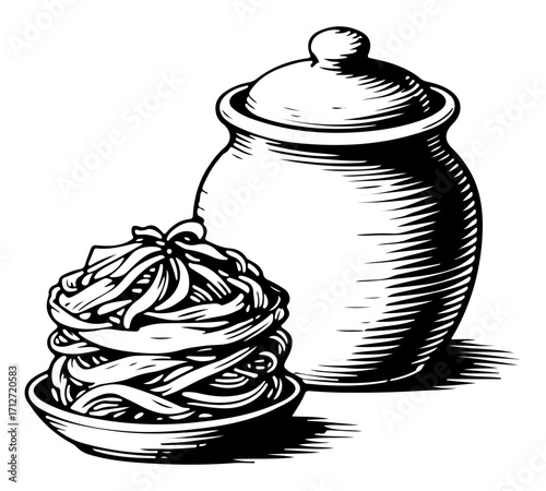 Vintage black and white engraving illustration of a ceramic jar and a plate of kimchi.