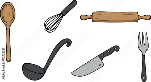 Cartoon illustration of kitchen utensils: spoon, whisk, rolling pin, ladle, knife, and fork on transparent background