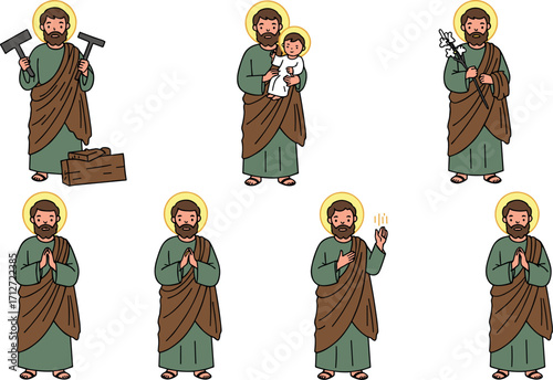 Illustrations of saint joseph in various poses on transparent background