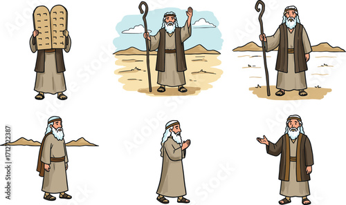 Cartoon depiction of moses in various poses on transparent background
