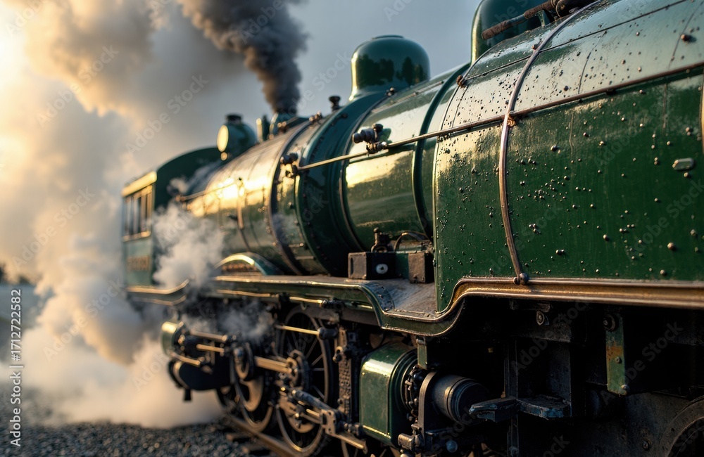 Naklejka premium Vintage green steam locomotive moving along railway tracks with smoke and steam billowing in the background