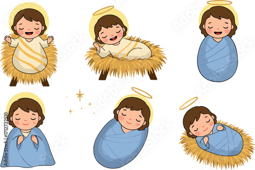 Cartoon depiction of baby jesus in various poses on transparent background