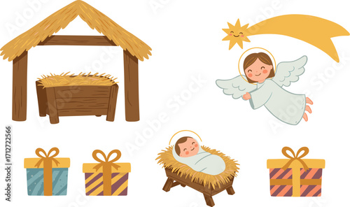 Cartoon nativity scene elements: manger, baby jesus, angel, star, and gifts on transparent background