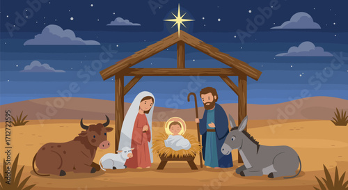 Nativity scene with mary, joseph, baby jesus, animals, and star on transparent background