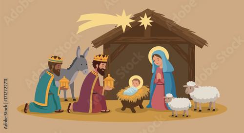 Nativity scene depicting baby jesus, mary, three kings, and animals on transparent background