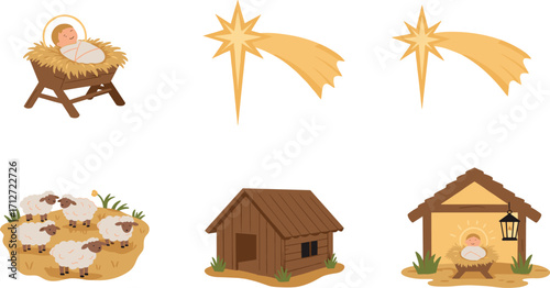 Nativity scene elements: manger, stars, sheep, and buildings on transparent background