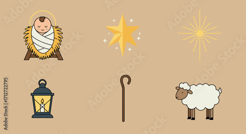 Nativity scene elements: baby jesus, stars, lantern, shepherd's crook, and sheep on transparent background