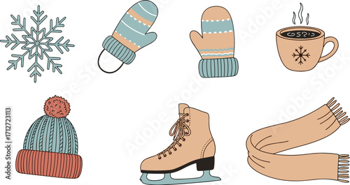 Winter themed illustration with snowflake, mittens, hot drink, hat, ice skate, and scarf on transparent background