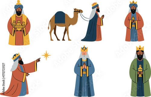 Cartoon illustration of the three wise men and a camel on transparent background