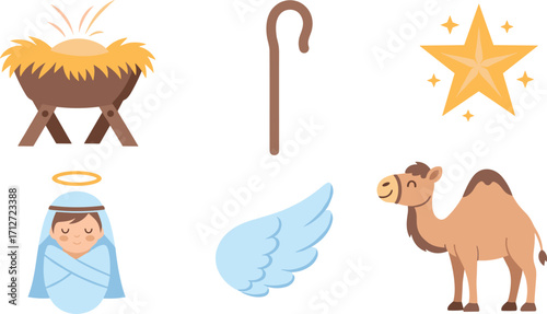 Nativity scene elements: manger, shepherd's crook, star, baby jesus, angel wing, and camel on transparent background