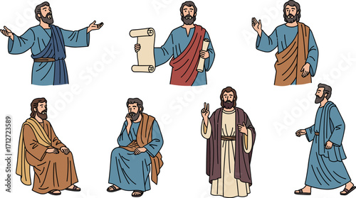 Seven illustrations of a man with a beard wearing robes in various poses on transparent background