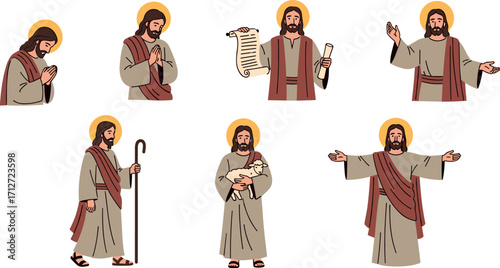 Illustrations of jesus christ in various poses on transparent background