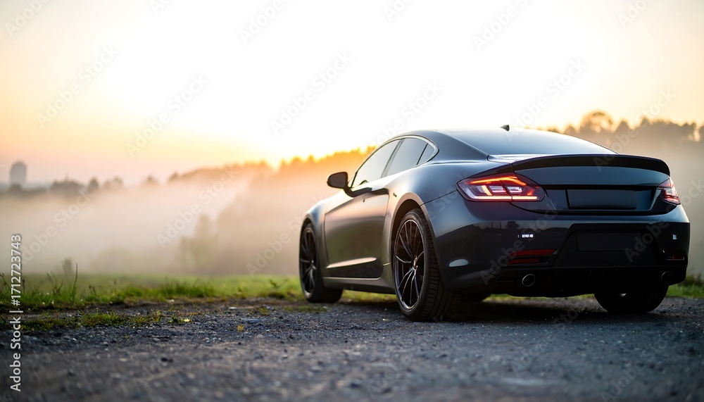 Fototapeta premium Luxury Sports Car on a Misty Road at Sunrise.