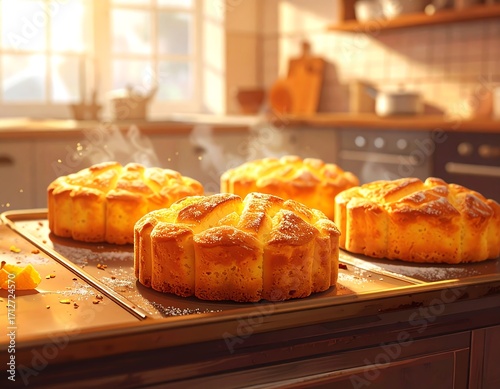 Warm kitchen scene with freshly baked cakes