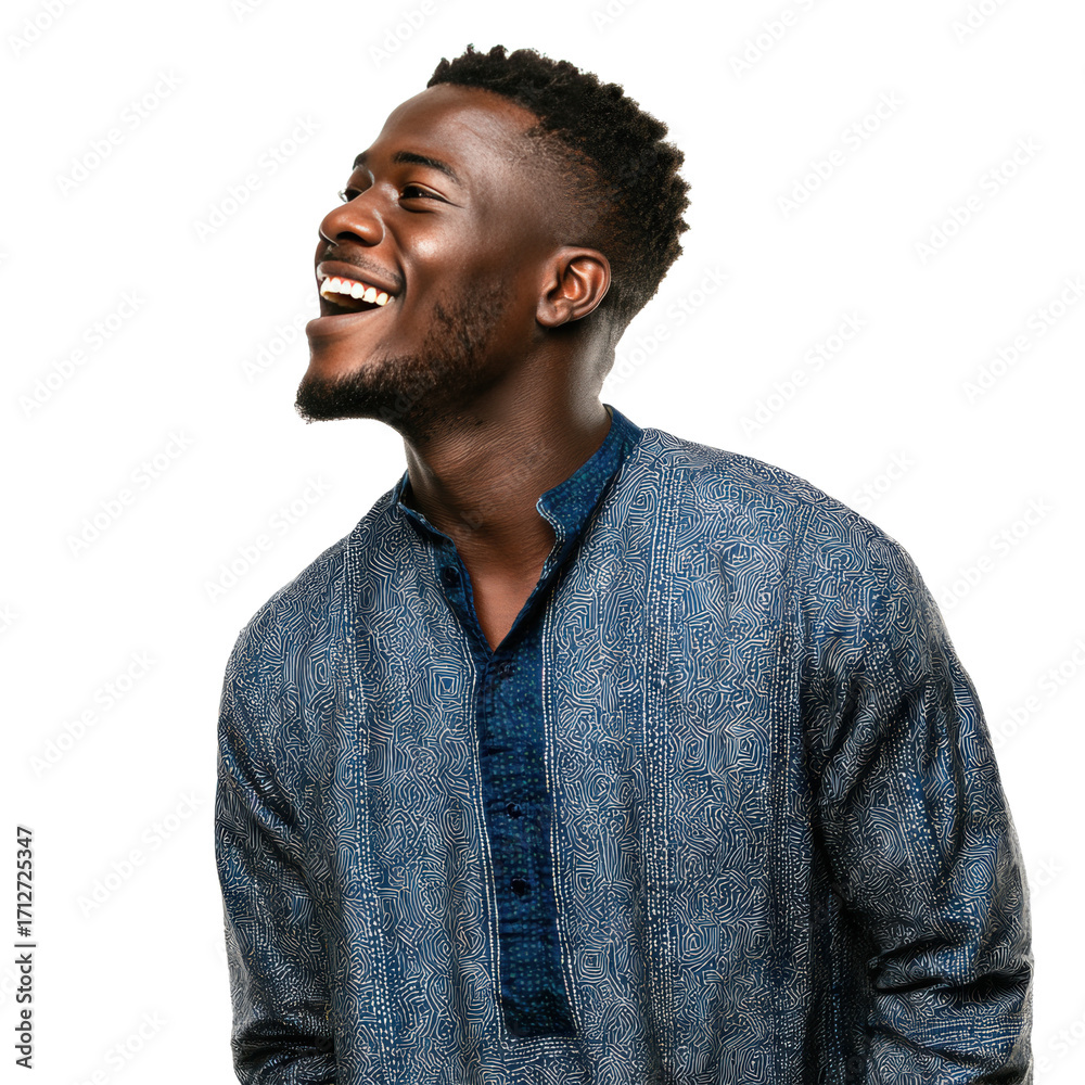 Fototapeta premium Happy SubSaharan man in blue patterned shirt on transparent bg