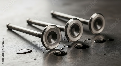 Three metallic engine valves on dark surface.