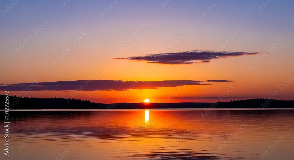 Obraz premium Stunning Sunset Over Calm Lake Water.