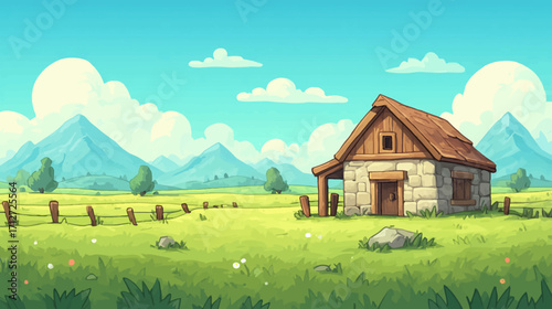 spring happy farm flat ground with vibrant grass at very front down, farm wooden building at the middle, some fences and happy cow, trees at the around and mountains at far, solid colors