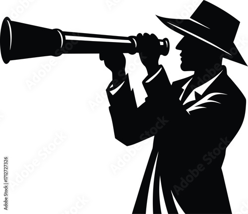 Silhouette of a man with a hat looking through a spyglass telescope on white background