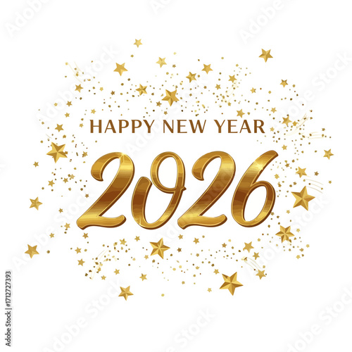 Happy new year 2026 with golden stars and confetti
