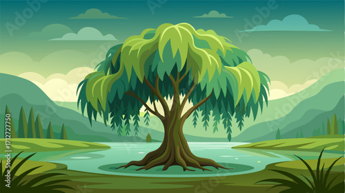 A lone willow tree stands tall and majestic in the center of the wetland its sweeping branches providing shade and a sense of serenity to the area.