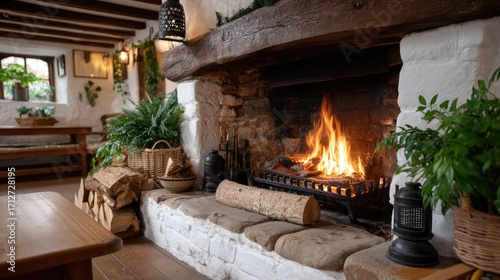 Fototapeta Naklejka Na Ścianę i Meble -  A cozy living space with a roaring fireplace, wooden beams, and comfy seating ideal for unwinding and enjoying warmth