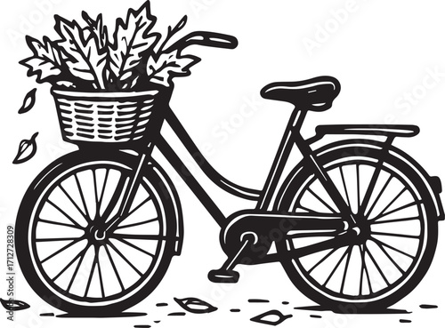 Autumn Ride: A classic bicycle with a basket overflowing with vibrant autumn leaves, suggesting a leisurely ride through a crisp fall day.