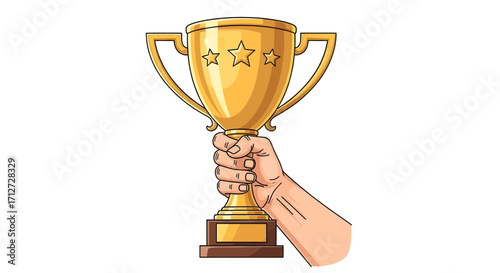 Hand holding a golden trophy celebrating achievement success and victory in a competition