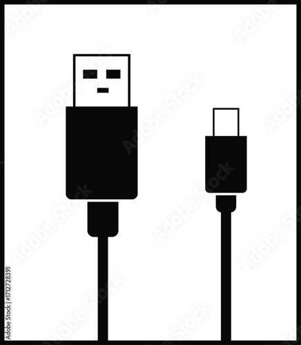 Black cable for charging and synchronization with Type - C and USB connectors on a white isolated background close-up