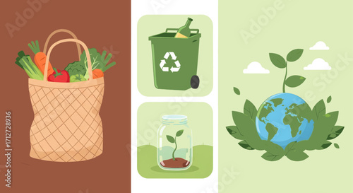 Eco-friendly concepts including reusable bags recycling bins and a growing planet