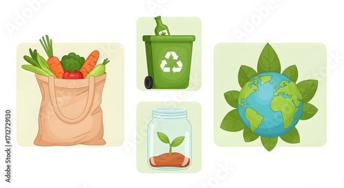 Sustainable living collage representing eco-friendly choices like recycling and organic produce for a healthy planet