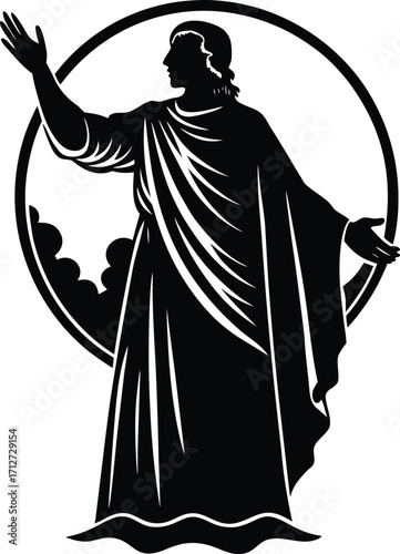 Silhouette of Jesus Christ with open arms religious figure in black and white on white background