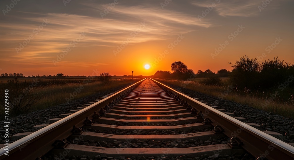 Fototapeta premium Railway Tracks Leading Towards a Fiery Sunset Over a Rural Landscape.