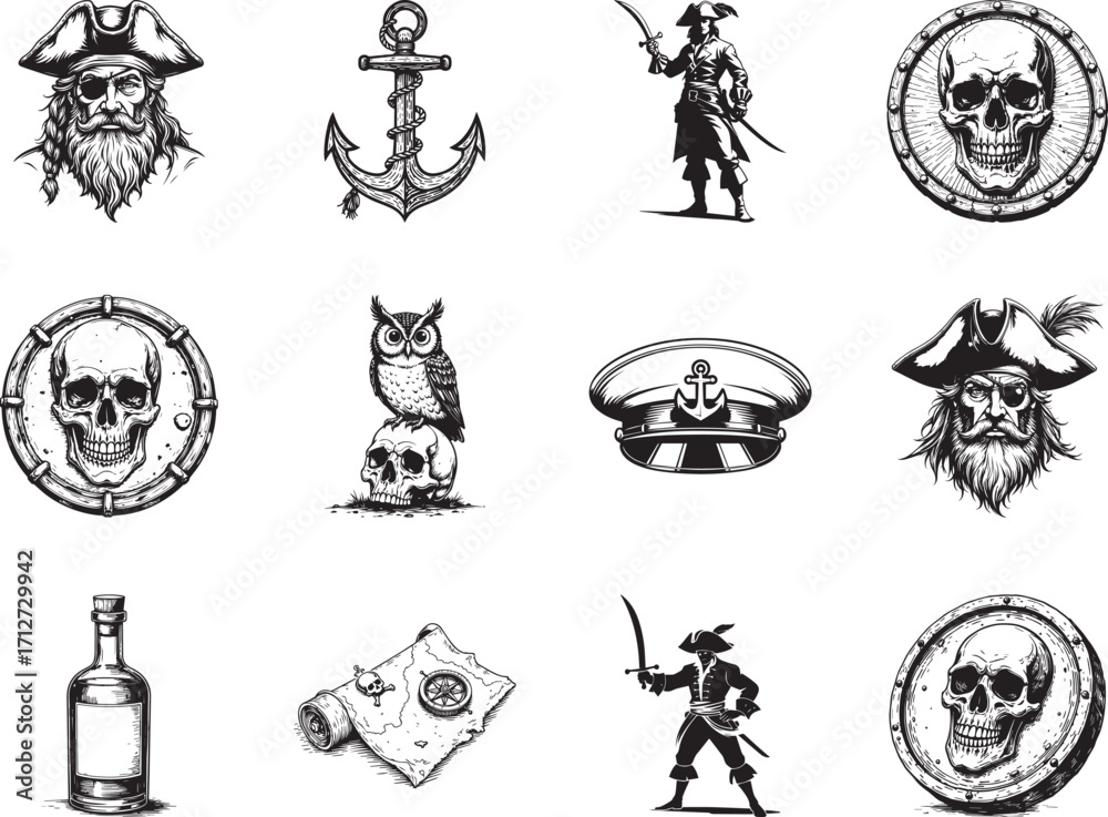 Obraz premium Pirate Icons: A collection of intricately illustrated pirate-themed icons, showcasing the spirit of adventure and treasure with symbolic imagery.