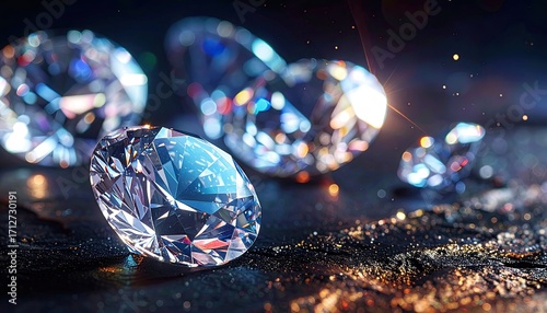 Scattered Diamonds on Dark Textured Surface with Shimmering Light and Sparkling Dust Elegant Gemstones Arrangement Glittering Particles and Reflected Hues