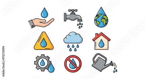 Collection of water conservation icons hand tap earth cloud house gear no water watering can
