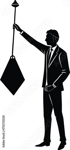 Semaphore Signalman with Diamond Flag Communicating a Message in Silhouette on white background