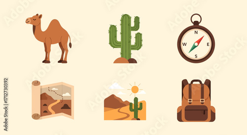 Desert adventure icons camel cactus compass backpack and desert landscape elements