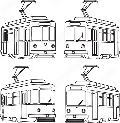 Set of Tram Outline vector illustration isolated On Transparent Background