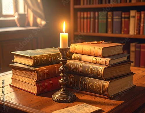 Warm library scene with books and candle