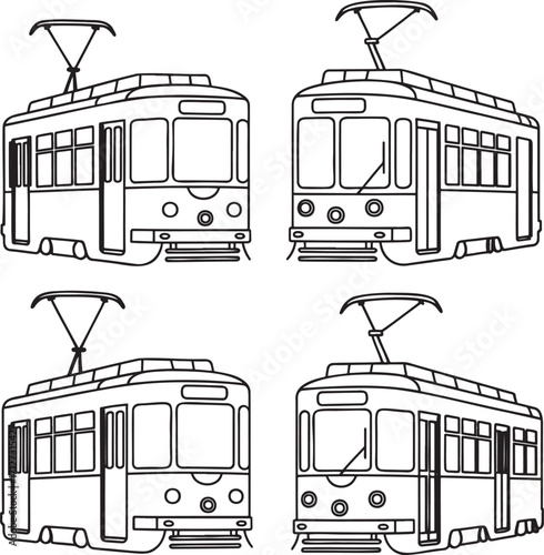Set of Tram Outline vector illustration isolated On Transparent Background