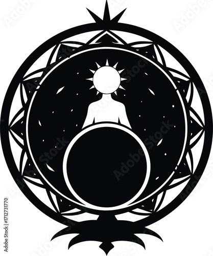 Abstract Silhouette of a Figure with Sun Head in an Ornate Circle on white background
